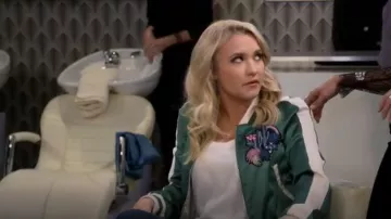 Green Satin Bomber Jacket Cactus Patch Bacary worn by Gabi Diamond (Emily Osment) in Young & Hungry (Season05 Episode12)