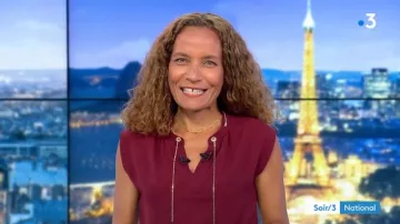 La camiseta lisa con cuello tunecino y joyas de Sandrine Aramon en Soir 3