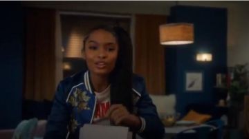 Blue Embroidered Bomber Jacket worn by Zoey Johnson (Yara Shahidi) in grown-ish (Season02 Episode10)