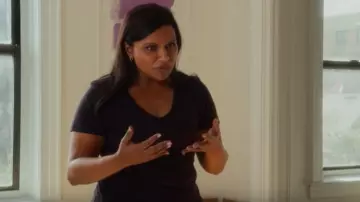 Black V Neck t-shirt worn by Molly Patel (Mindy Kaling) as seen in Late Night
