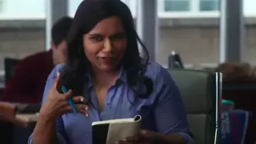 Blue shirt with button worn by Molly Patel (Mindy Kaling) in Late Night