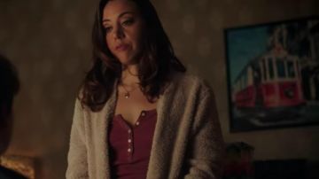 White teddy jacket worn by Karen Barclay (Aubrey Plaza) as seen in Child's Play