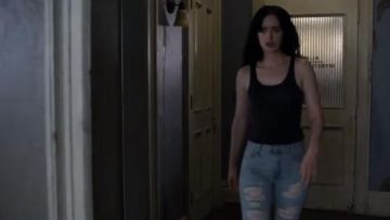 R13 Bowie distressed mid-rise straight-leg jeans worn by Jessica Jones (Krysten Ritter) in Marvel's Jessica Jones (S03E01)