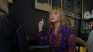 Gucci 70s graphic print silk shirt worn by Dorothy Walker (Rebecca De Mornay) in Marvel's Jessica Jones (Season03 Episode02)