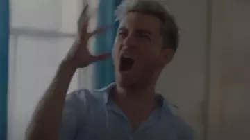 The shirt is sky blue as worn by Sam (Jonathan Bailey) in Crashing (S01E03)