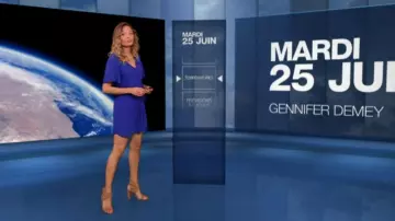 Traje de pantalón corto azul de Gennifer Demey en el Météo de M6