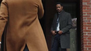 Grey over coat worn by Detective Troy Archer (LaKeith Stanfield) in Knives Out