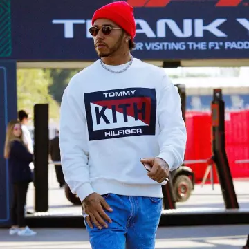 Tommy Hifilger x Kith white sweat worn by Lewis Hamilton on his Instagram account @lewishamilton