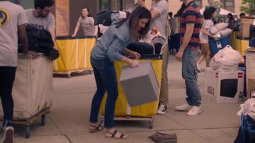 Brown flat sandals worn by Eve Fletcher (Kathryn Hahn) in Mrs. Fletcher (S01)