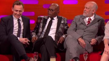 Black frame transparent lens eyeglasses worn by Samuel L. Jackson in The Graham Norton Show 04/08/2017