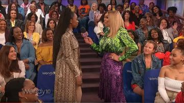 Escada Button Front Long Sleeve Feather Print Silk Blouse worn by Wendy Williams on The Wendy Williams Show July 2, 2019