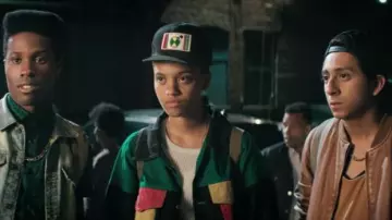 Color block jacket worn by Diggy (Kiersey Clemons) as seen in Dope