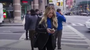 Akira Naka Leather Belted Moto Jacket worn by Kelsey Peters (Hilary Duff) in Younger (Season 06 Episode04)