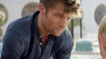 Navy blue half button up shirt worn by Liam McIntyre in See You Soon
