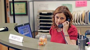 Red Cap Sleeve Top of Pam Beesly (Jenna Fischer) in The Office (S05E05)