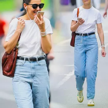 Gucci G74 Leather and Suede Web Sneakers in Butter worn by Katie Holmes New York City July 13, 2019