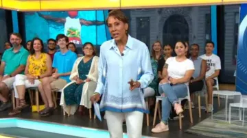 Burberry Monogram Print Trim Silk Boyfriend Shirt worn by Robin Roberts on Good Morning America JULY 17, 2019