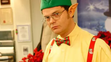 Red and Green Striped Bowtie of Dwight Schrute (Rainn Wilson) in The Office (Season 06 Episode 13)