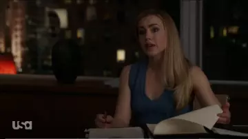 Alaia Blue Sleeveless V Neck Dress worn by Katrina Bennett (Amanda Schull) in Suits (Season 09 Episode 01)