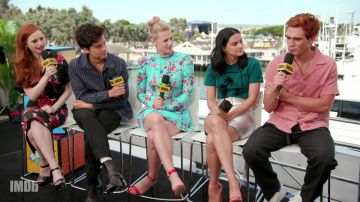 The skirt silver Camila Mendes in the YouTube video KJ Apa, Camila Mendes, Lili Reinhart, Cole Sprouse and Madelaine Petsch Talk Riverdale at IMDB