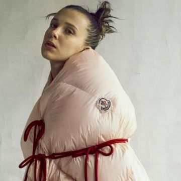 The cape Moncler light pink as worn by Millie Bobby Brown on Instagram