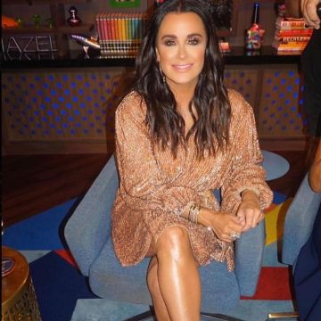 Retrofête Gabrielle Velvet Trimmed Sequined Chiffon Mini Wrap Dress worn by Kyle Richards Watch What Happens Live July 23, 2019