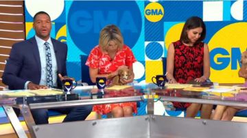 Karen Millen à volants Ourlet de la Robe Rouge/Multi porté par Amy Robach sur Good Morning America le 1er AOÛT 2019
