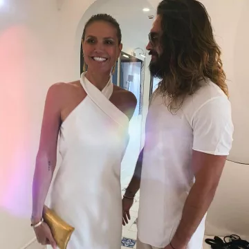 Galvan Pandora Silk Satin Halterneck Midi Dress worn by Heidi Klum Capri, Italy August 2, 2019