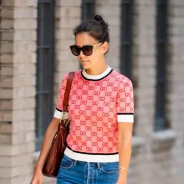 Gucci Knitted Cotton Top worn by Katie Holmes New York City August 4, 2019