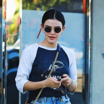 Ray Ban RB3447 Phantos Round Sunglasses worn by Lucy Hale Los Angeles August 1, 2019
