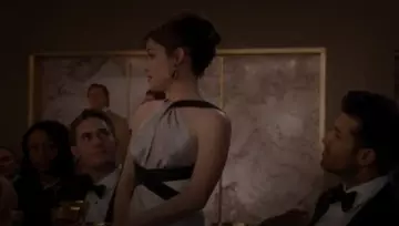 ABS by Allen Schwartz Silver Colorblock Satin Halter Gown worn by Lisa Donovan (Jane Levy) in WHAT / IF (Season 01 Episode 05)