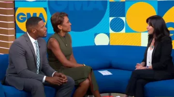 Yigal Azrouël Patchwork Knit Dress green worn by Robin Roberts on Good Morning America AUGUST 5, 2019