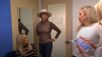 Ganni Tilden Turtleneck Mesh Leopard Top worn by Kelly Dodd in The Real Housewives of Orange County (Season 14 Episode 01)