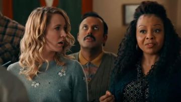Women Grey Floral Embroidery Knit Sweater worn by Anna Camp in Perfect Harmony