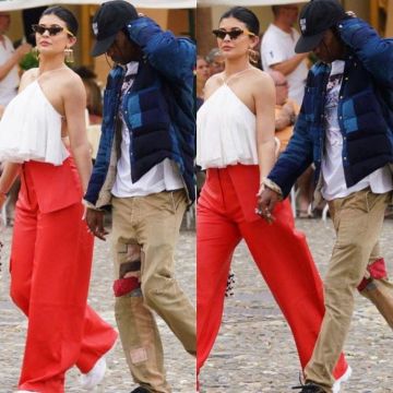 Patchwork Jeans Beige Jeans pants worn by Travis Scott Portofino August 12, 2019