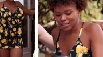 The combi-black shorts with motif from "lemons" worn by Jenny Mendoza (Chanel Victor) in Tomorrow belongs to us (S01E528)
