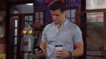 Ted baker Blue Di­a­mond Print Shirt worn by Kyle Abbott (Michael Mealor) as seen on The Young and the Restless August 15, 2019