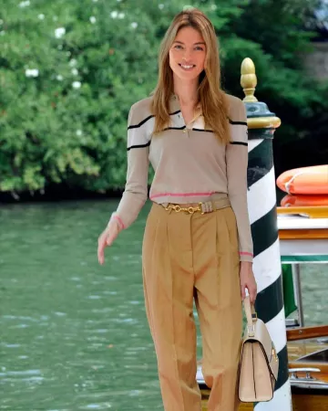 Alberta Ferretti Croc Embossed Leather Skinny Belt worn by Martha Hunt Venice Film Festival August 28, 2019