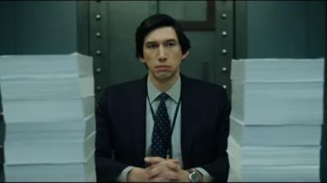 Navy Dotted Report Tie worn by Adam Driver in THE REPORT Trailer 