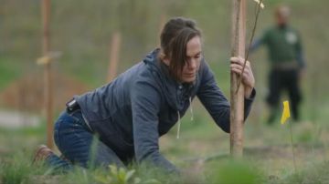 Blue denim pants worn by Herself (Molly Chester) in The Biggest Little Farm