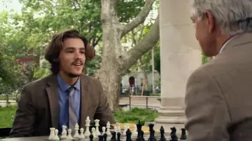 Beige slim fit textured jacket worn by Paul Asher (Brenton Thwaites) in An Interview with God