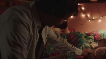 Long sleeve blue and white checkered shirt worn by William Foster (Keanu Reeves) in Replicas