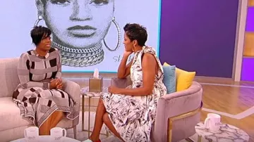 A.W.A.K.E. MODE doric asymmetric pleated printed faille dress worn by Tamron Hall as seen in Tamron Hall SEPTEMBER 9, 2019
