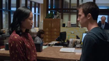 Alice + Olivia Burgundy printed silk-blend crepe de chine shirt worn by Courtney Crimsen (Michele Selene Ang) in 13 Reasons Why (S03E01)