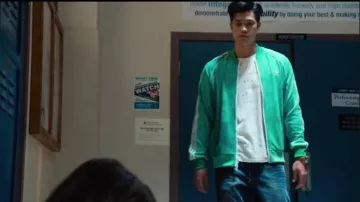 Adidas X Pharrell Williams Green hu holi superstar track jacket worn by Zach Dempsey (Ross Butler) in 13 Reasons Why (S03E02)