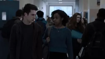 Rag & Bone blue kyra metallic crew neck sweater worn by Ani Achola (Grace Saif) in 13 Reasons Why (S03E09)