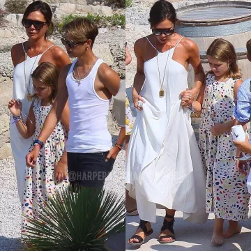 Vestido de algodón estampado Bonpoint Laly usado por Harper Beckham Francia 25 de agosto de 2019