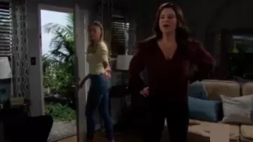 Frame Smocked Hem Sur­plice Silk Top in Bor­deaux worn by Katie Logan (Heather Tom) as seen on The Bold and the Beautiful September 17, 2019
