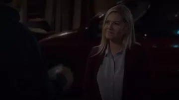 J Crew burgundy cardigan worn by Abby (Elisha Cuthbert) in The Ranch Season 4 Episode 3