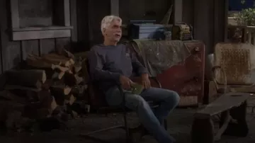 Carhartt steel blue workwear long sleeve pocket t shirt worn by Beau Bennett (Sam Elliott) in The Ranch Season 4 Episode 3